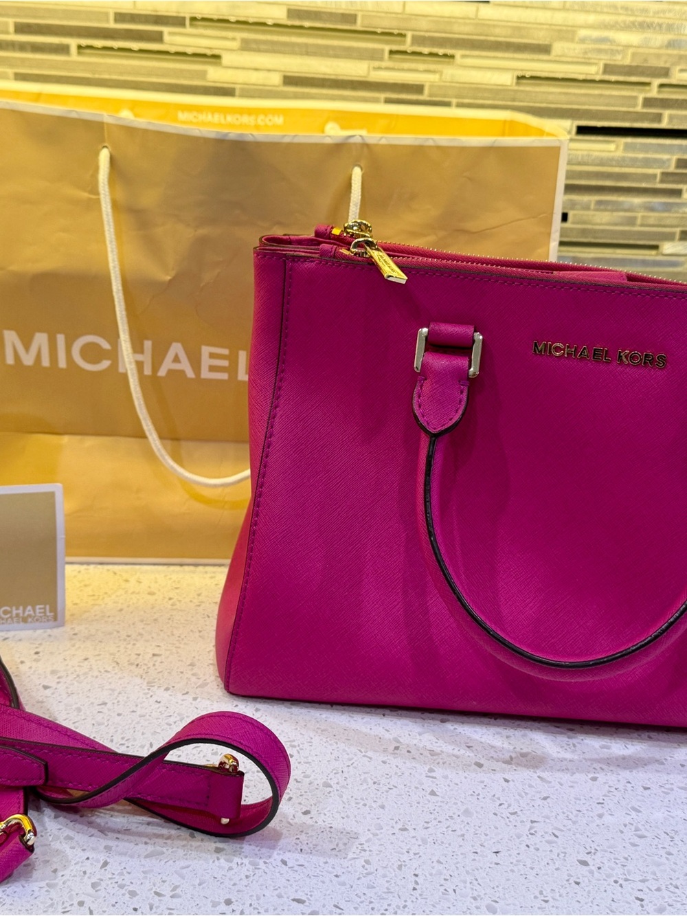 Michael Kors Hot Pink Saffiano Satchel with Gold Hardware